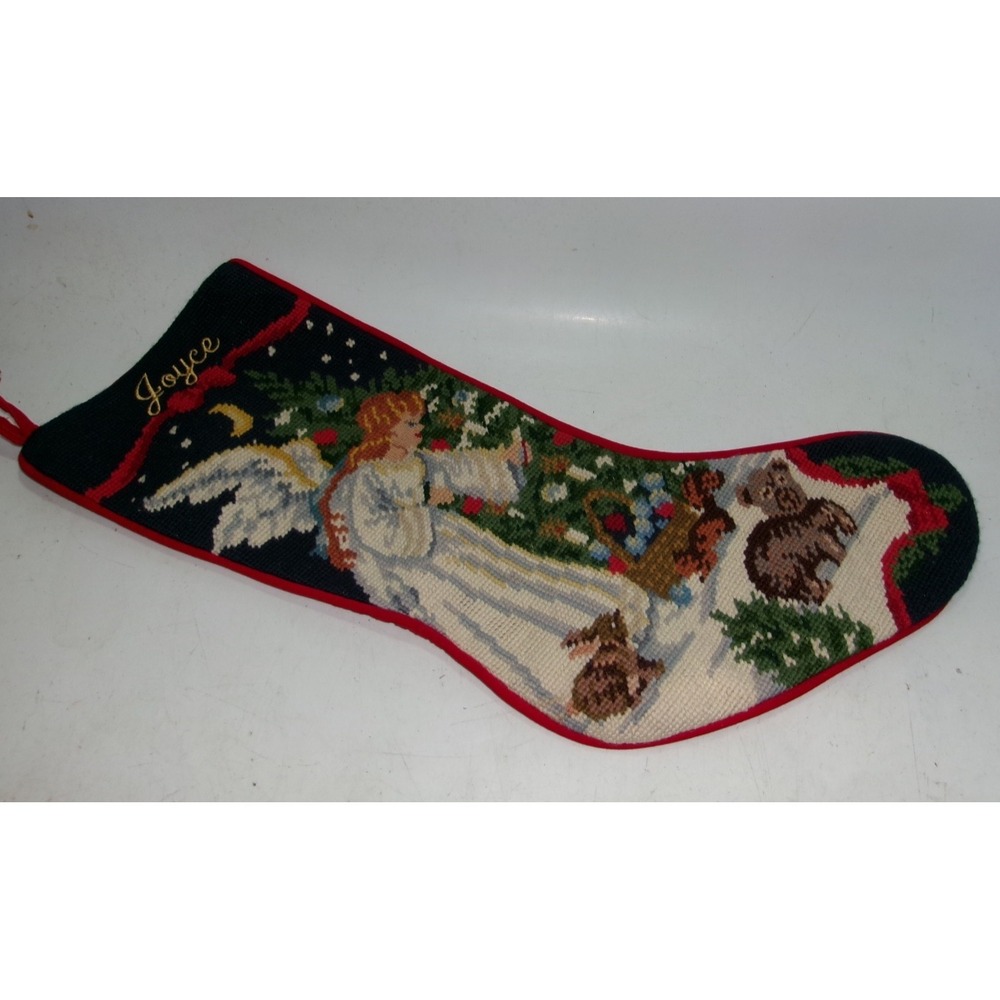Vintage Angel Needlepoint Christmas Stocking – "Joyce" Name Embroidered – Used